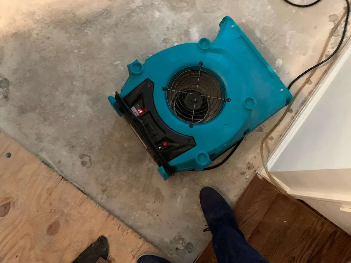 Air mover drying subfloor during Leak Detection & Repair in Wilna